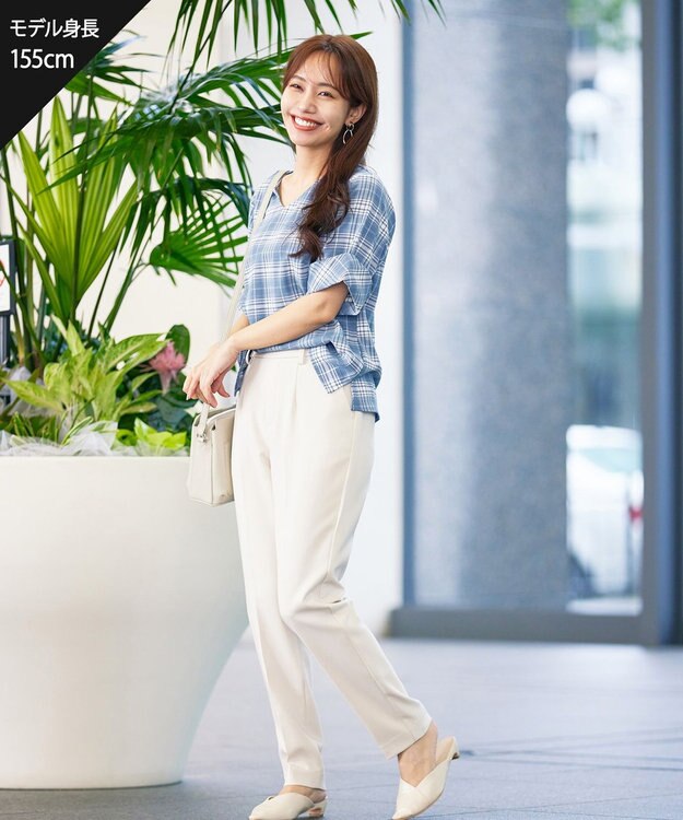 Tiaclasse 【洗える】ゆったりシルエットの幅広カフスブラウス ブルーチェック