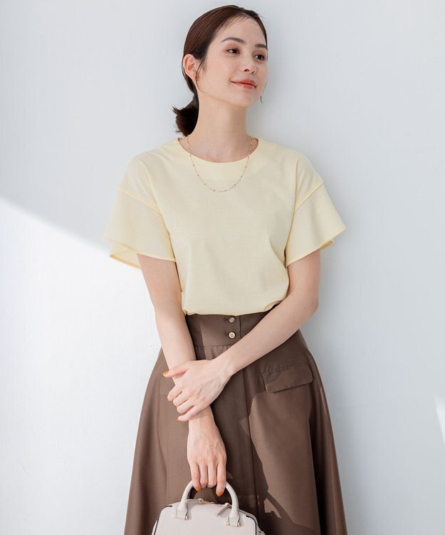 組曲 【洗える】シルケットポンチ フリルスリーブ カットソー イエロー系