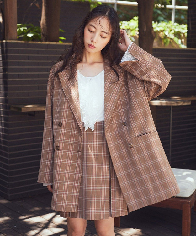 earth music&ecology 【セットアップ可】ビット付きミニスカート Check Brown