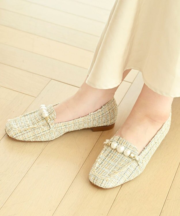nouvelleRobe Oū 【本革・高反発】Pearl loafers スクエアトゥパルビットローファー ベージュファブリック