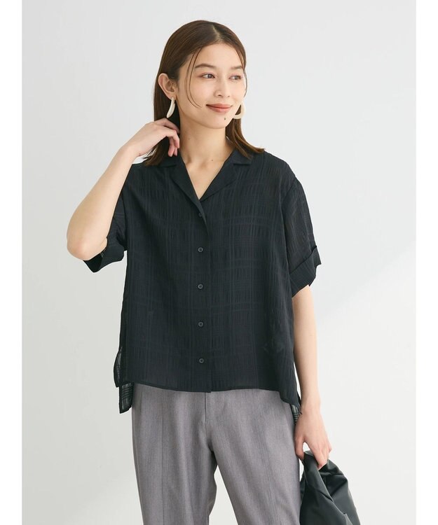 Green Parks シアーチェック開襟ブラウス Black