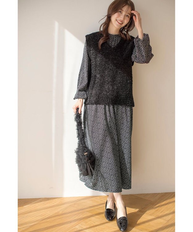 ANY SIS L 【洗える】フラワープリントワンピース × ニットベスト セット ブラック系
