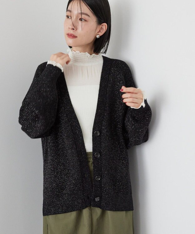 AMERICAN HOLIC バイパチラメ入りＶネック片畦ニットカーディガ Black