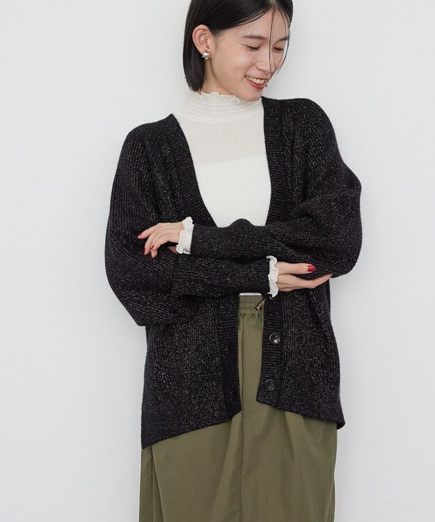 AMERICAN HOLIC バイパチラメ入りＶネック片畦ニットカーディガ Black