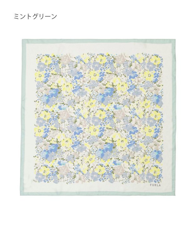 MOONBAT 【シルク100%】フルラ (FURLA) 花柄 シルクプリントスカーフ 65cm×65cm ミントグリーン