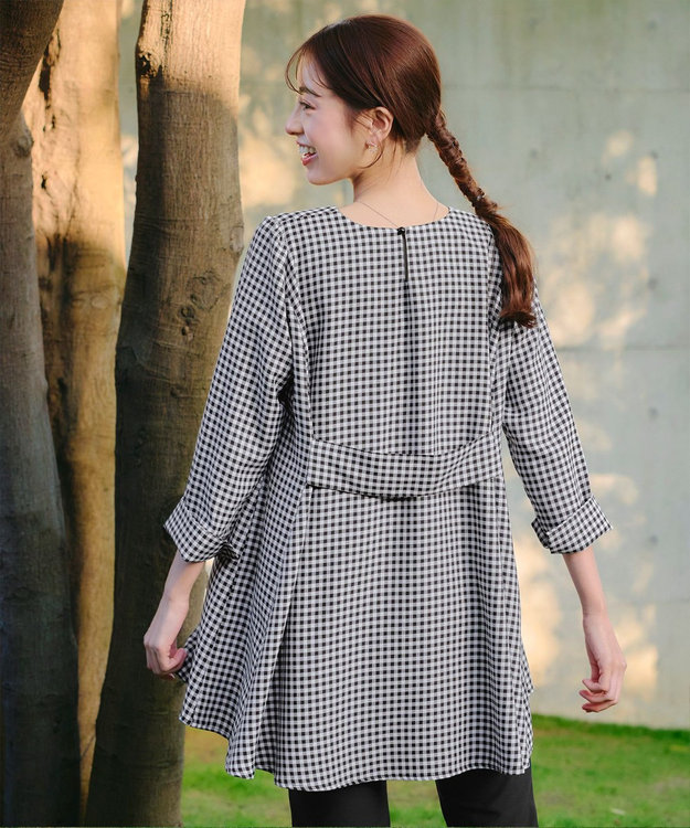 Tiaclasse L 【小倉優子さん着用・選べる袖TYPE・洗える】バックフレアチュニック 七分袖ギンガムチェック小