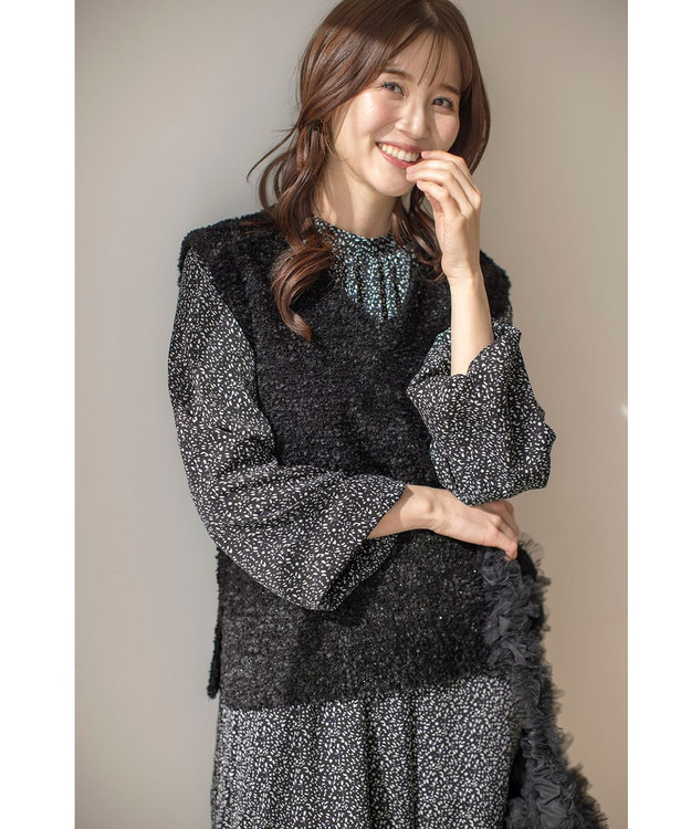 ANY SIS L 【洗える】フラワープリントワンピース × ニットベスト セット ブラック系