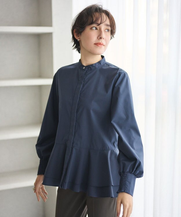 #Newans 【シワになりにくい/洗濯機可能】ダブルフリルヘムシャツ ネイビー
