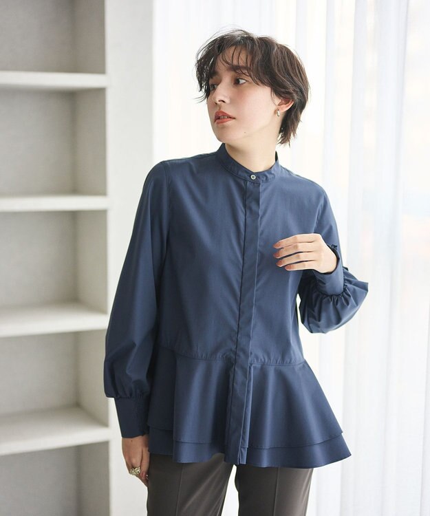 #Newans 【シワになりにくい/洗濯機可能】ダブルフリルヘムシャツ ネイビー