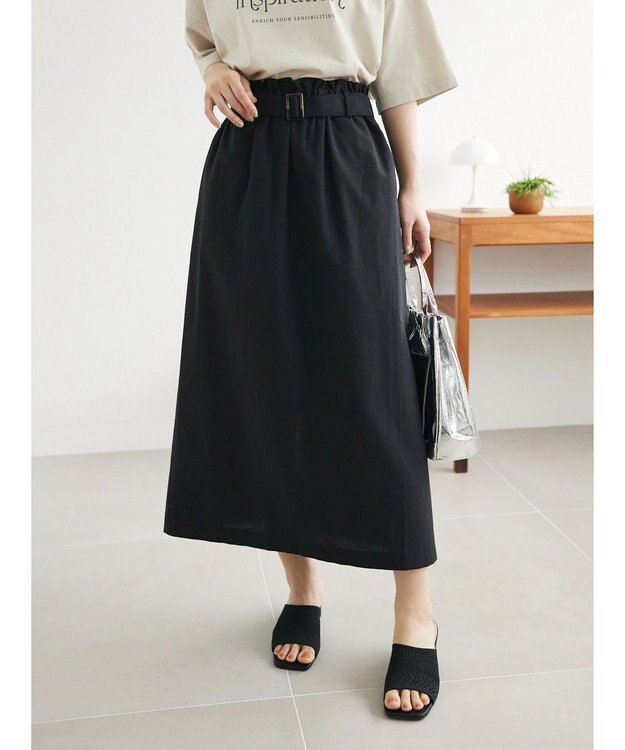 Green Parks 綿麻混バックルベルト付タイトスカート Black