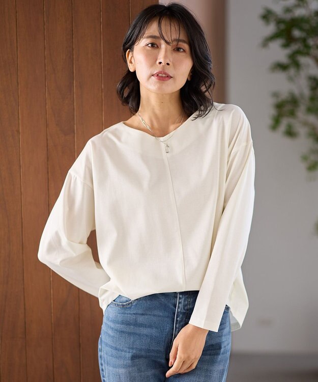 ANY 【洗濯機可】ジョーゼット裏起毛Vネックプルオーバー エクリュ