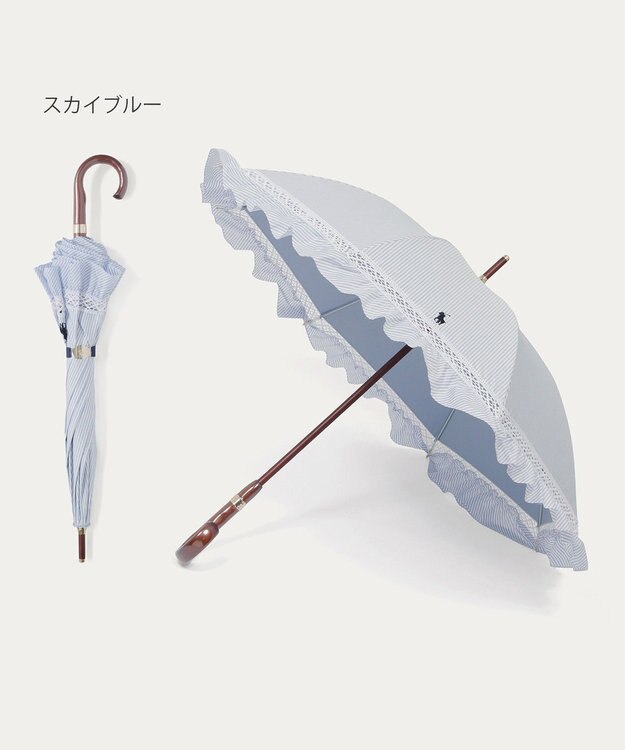 MOONBAT 【遮光/晴雨兼用日傘】POLO RALPH LAUREN(ポロ ラルフローレン) ストライプフリル 長傘 遮熱 UV スカイブルー