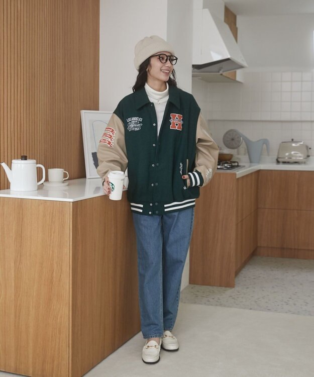 WEGO 【ユニセックス着用ITEM/SMLサイズ展開】メルトンワッペンスタジャン ダークグリーン