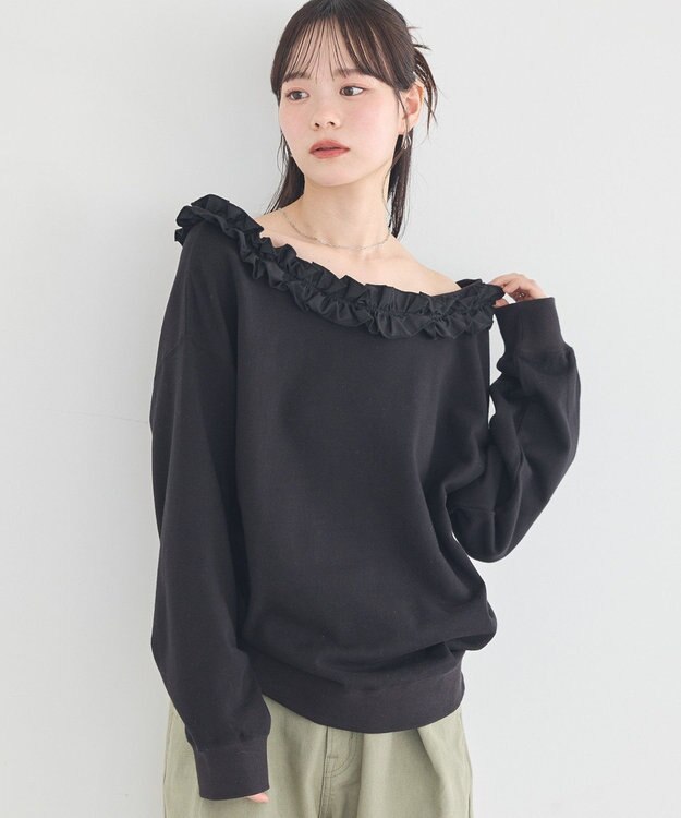 earth music&ecology フリルオフショルウラケスウェット Black