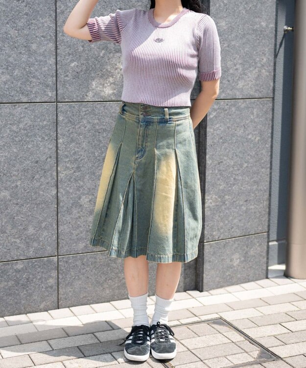 WEGO ヴィンテージウォッシュデニムプリーツミドルスカート デニム