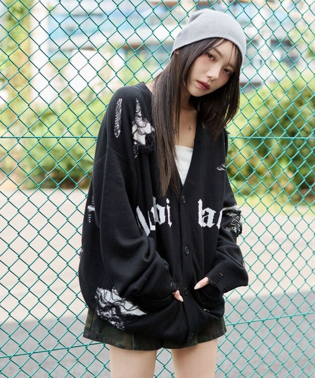 WEGO 【ユニセックス着用ITEM】ダメージジャガードカーディガン ブラック