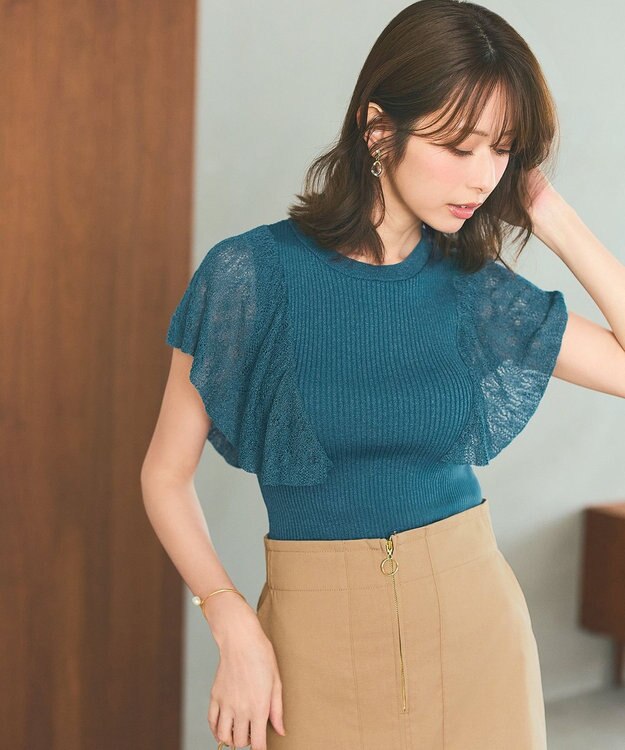 ANY SIS L 【洗える】レーシーフレアスリーブ ニット ディープグリーン
