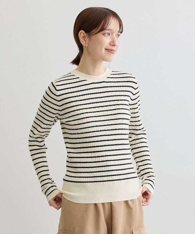 Green Parks プチケーブルクルーネックニットプルオーバー Border