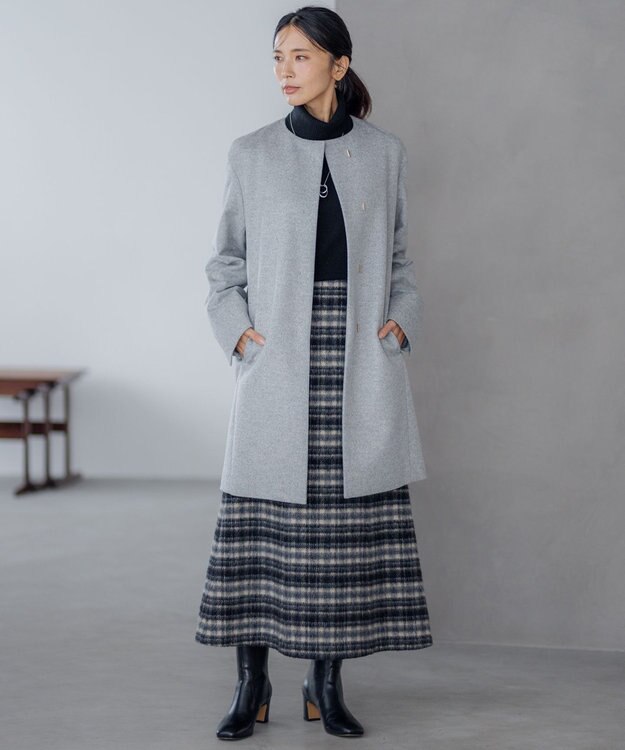 23区 ウールカシミヤビーバー ノーカラー コート ライトグレー系