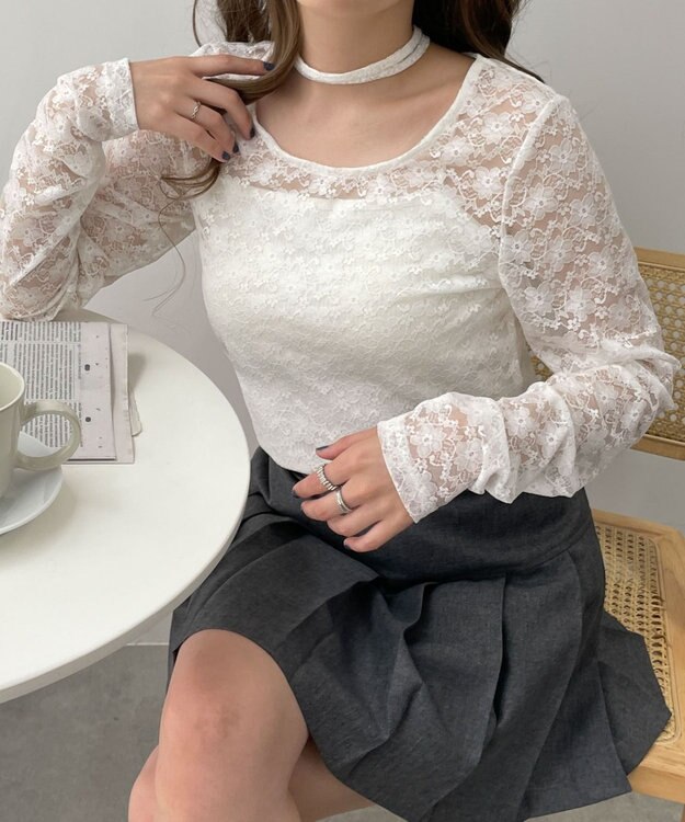 WEGO チョーカーリボン付きレースロンT ホワイト