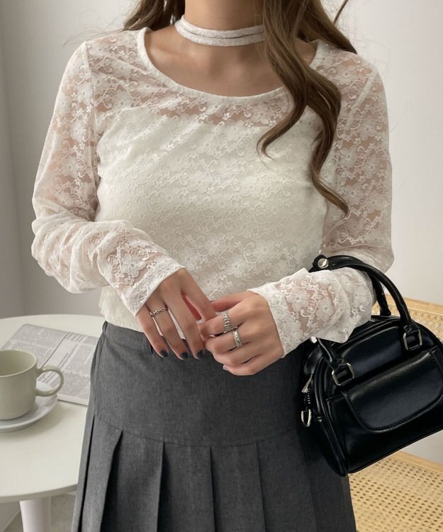 WEGO チョーカーリボン付きレースロンT ホワイト