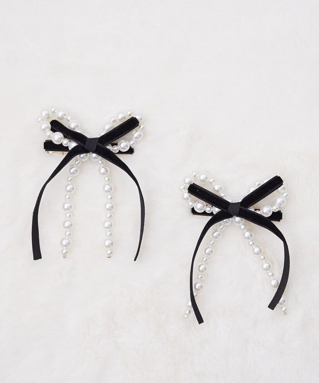 Maison de FLEUR パールベロアリボン2セットクリップ Black