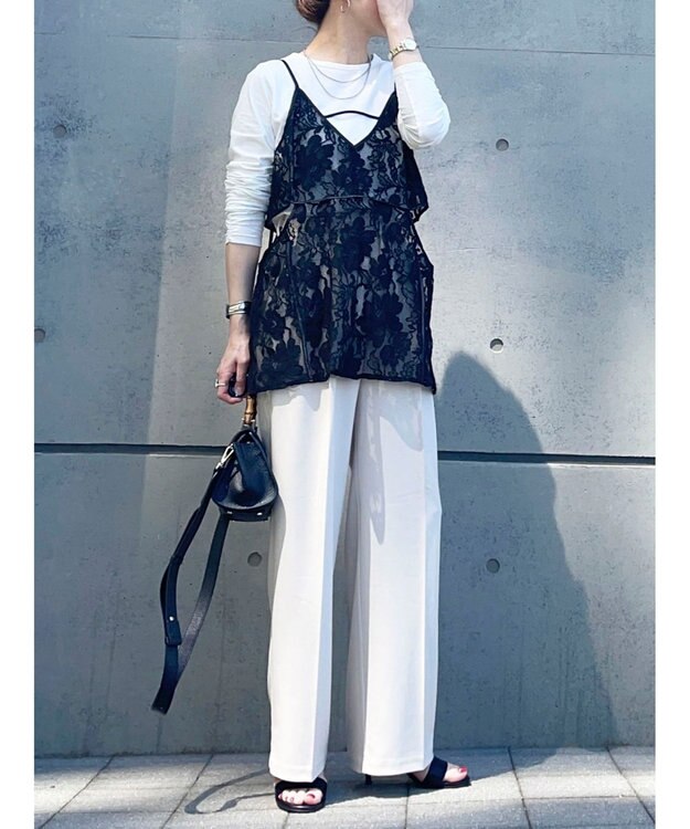 Green Parks AnriettMusee シャーリングスリーブＴシャツ＋レースキャミソールＳＥＴ Black