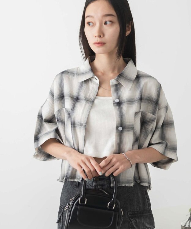 WEGO 【手洗い可/綿100％】オンブレチェックショートシャツ ホワイトチェック1