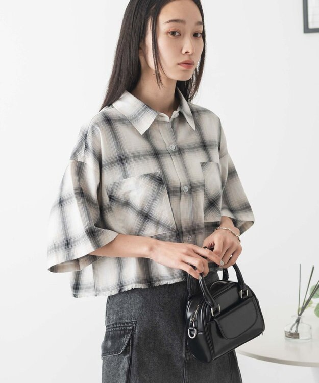 WEGO 【手洗い可/綿100％】オンブレチェックショートシャツ ホワイトチェック1