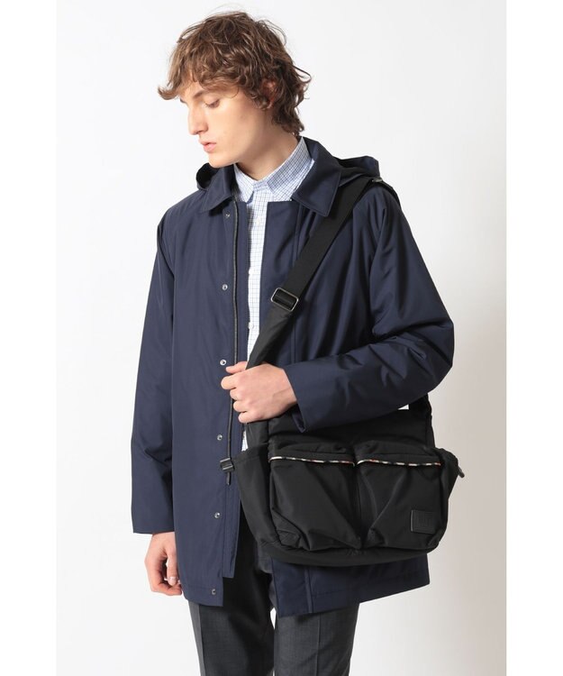 DAKS ナイロン×牛革 ハウスチェックディテール フラップショルダーバッグ ブラック