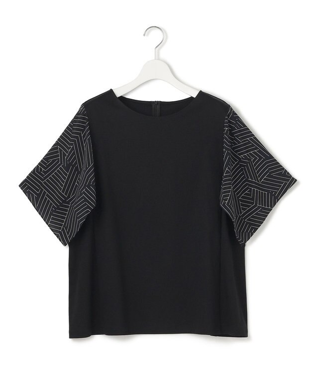 23区 L 【Lサイズ限定/洗える】スカーフプリントコンビ スリーブデザイン カットソー ブラック×ベージュ