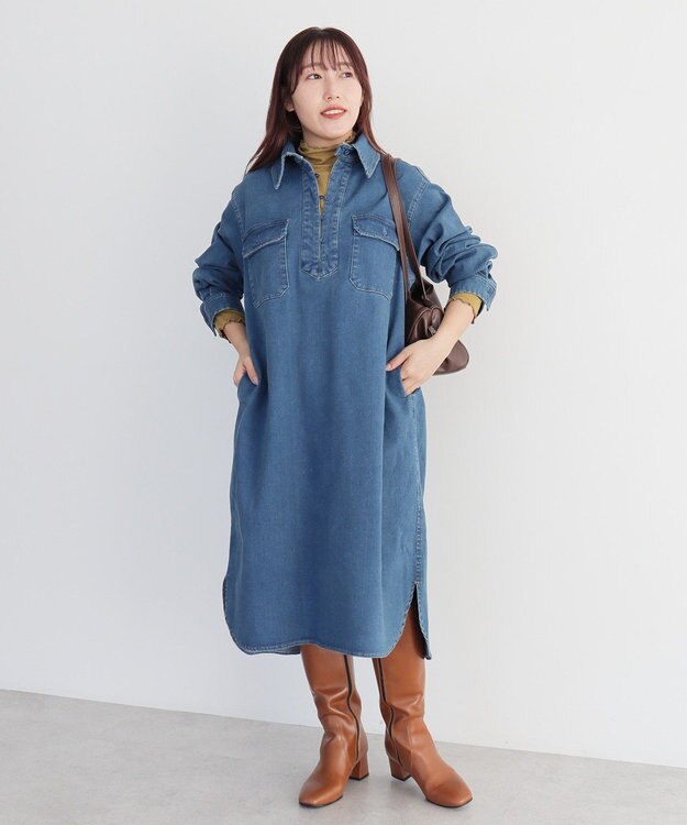 CRAFT STANDARD BOUTIQUE 裏起毛デニムヘンリーワンピース Blue