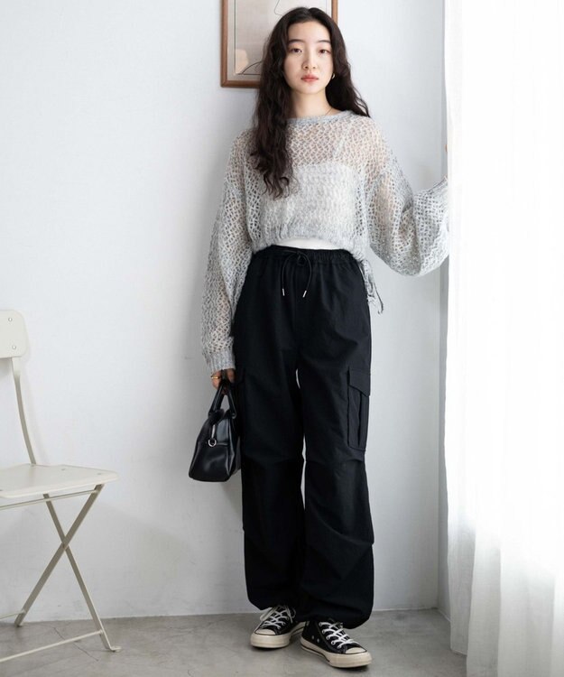 WEGO 【ウエストゴム】イージーパラシュートカーゴパンツ ブラック