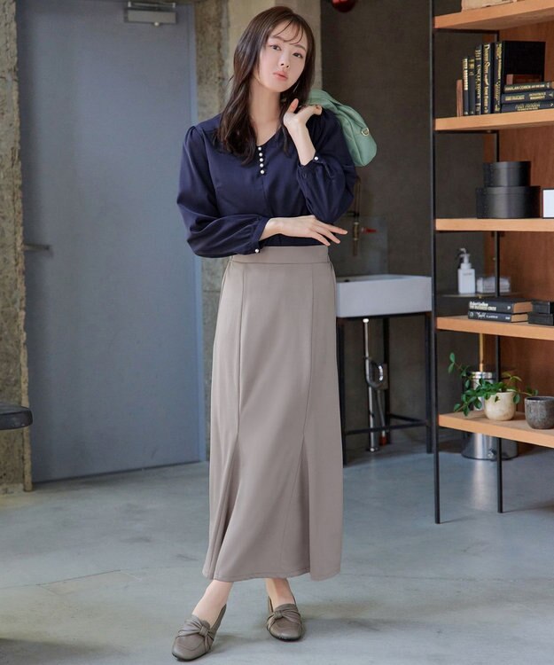 Tiaclasse 【スマート裏起毛・洗える】パールボタンブラウス ネイビー