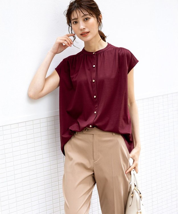 ANY SIS 【接触冷感・UVカット・洗える】ハイストレッチスムース2WAY ブラウス ボルドー