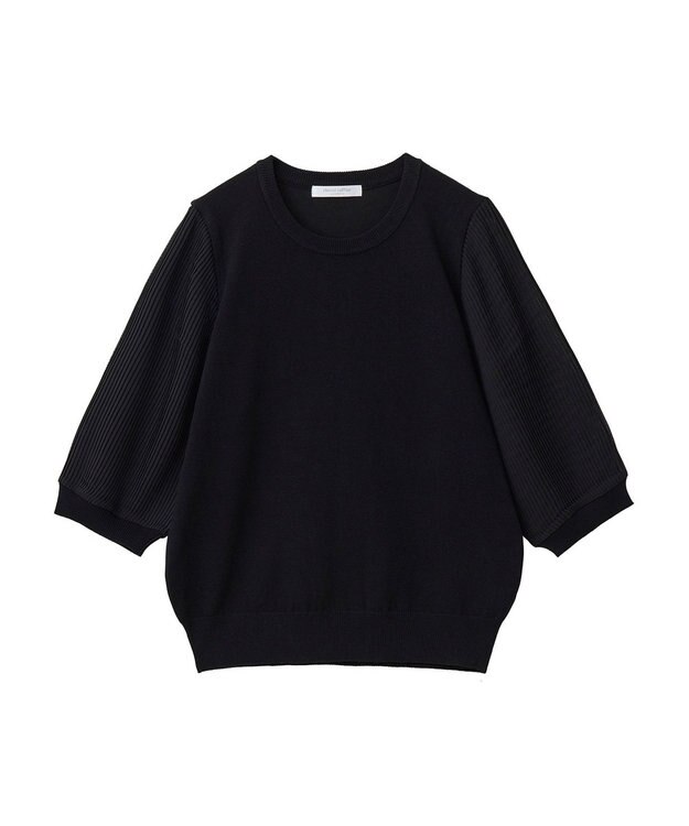 Green Parks 袖プリーツドッキング５分袖ニットプルオーバー Black