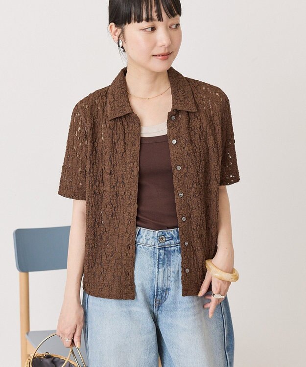 AMERICAN HOLIC 半袖襟付きレースカーディガン Brown