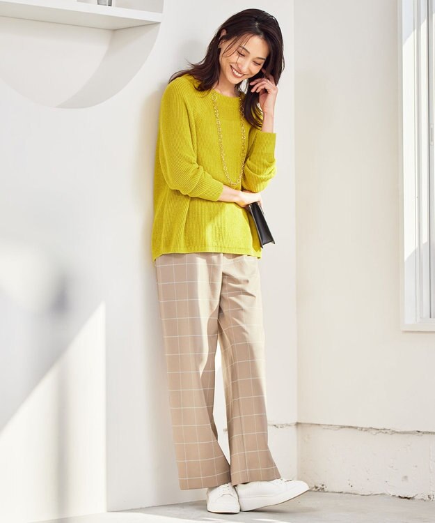 自由区 【洗える】ウィンドウペーンチェックワイド パンツ ベージュ系