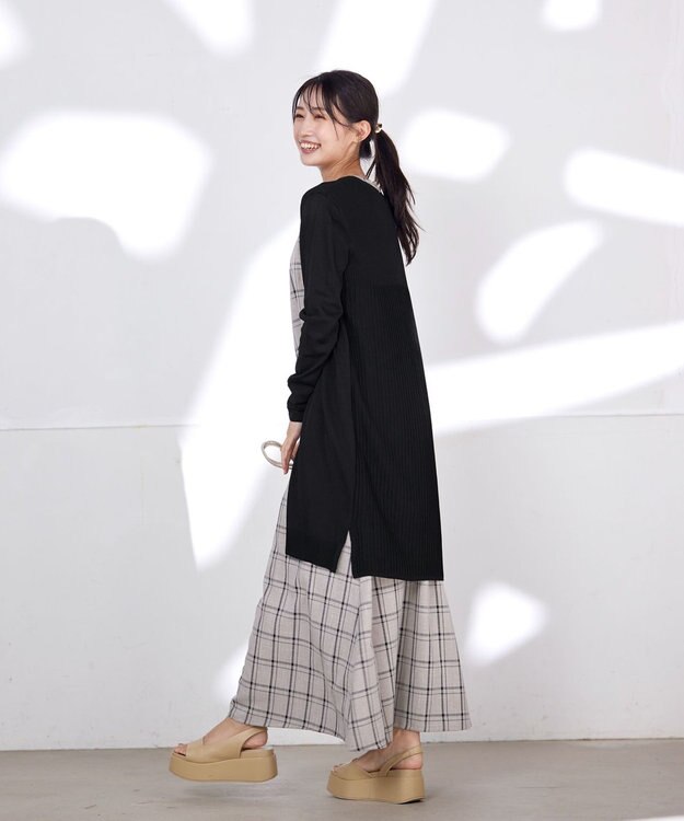 Tiaclasse 【洗える】バックリブプリーツ編みロングカーディガン ブラック