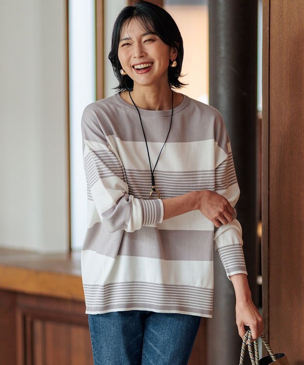 23区 【洗える】ウールコットンストレッチ オーバーサイズ ニット グレージュ×オフ