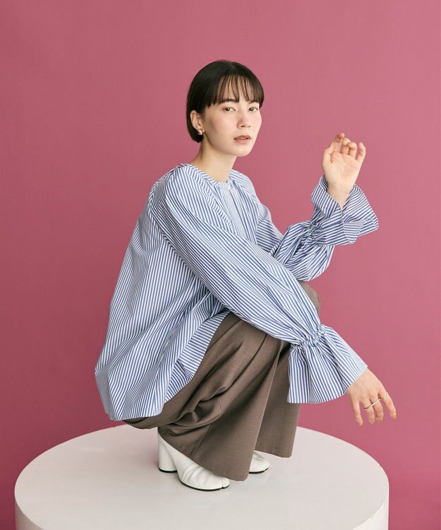 #Newans 【洗濯機可】フルギャザーブラウス ブルーストライプ