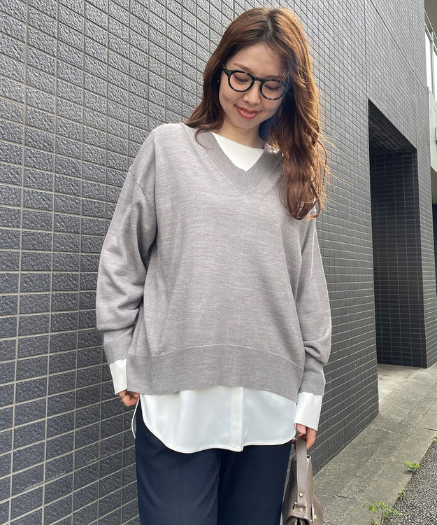 UNFILO ハイゲージウール Ｖネック モカグレー