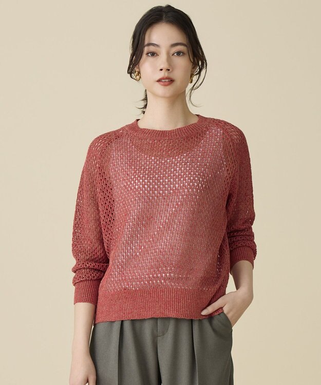 自由区 L リネンミドルゲージメッシュ ニット ピンク