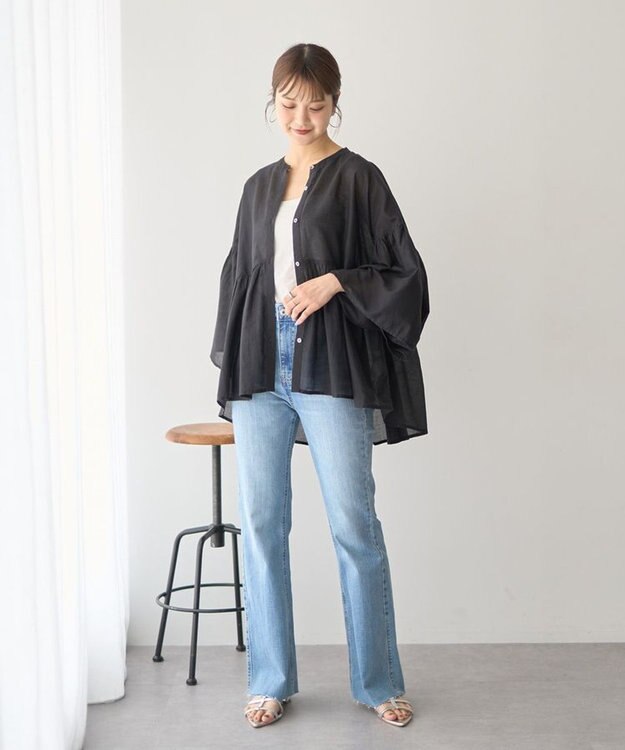 earth music&ecology コットンボイルギャザーシャツ Black