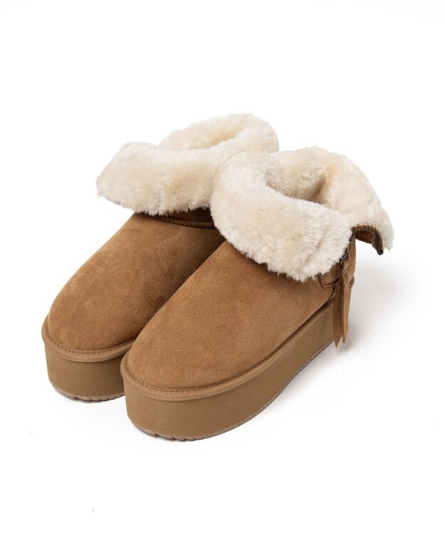 WEGO 【暖かい】折り返し厚底Fムートンブーツ ベージュ