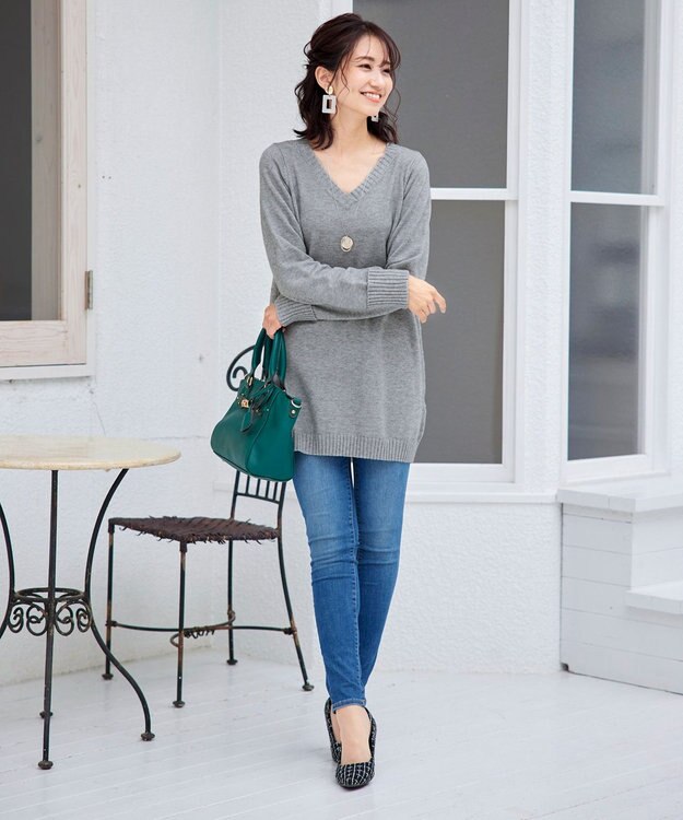 Tiaclasse L 【洗える】幅広く活躍が期待できるVネックリブニットチュニック グレー