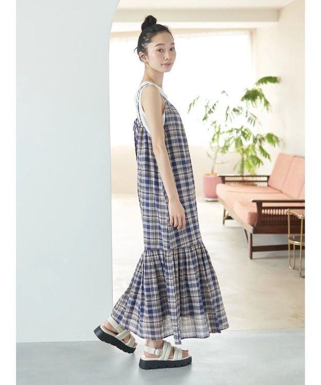 earth music&ecology マドラスチェックキャミワンピース Navy