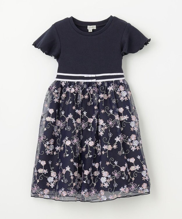 ANY KIDS 刺繍 チュール ワンピース ネイビー