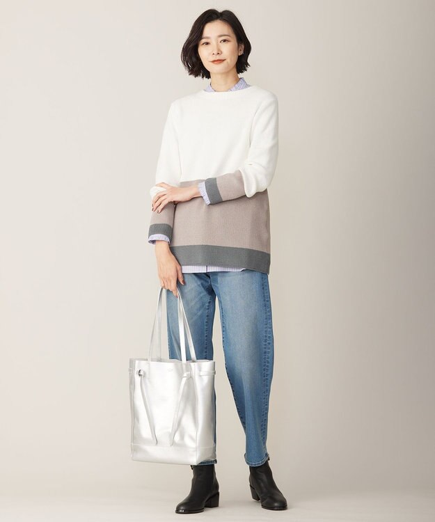 J.PRESS LADIES L 【洗える】CLEAR COTTON BLEND カラーブロック ニット ホワイト系1