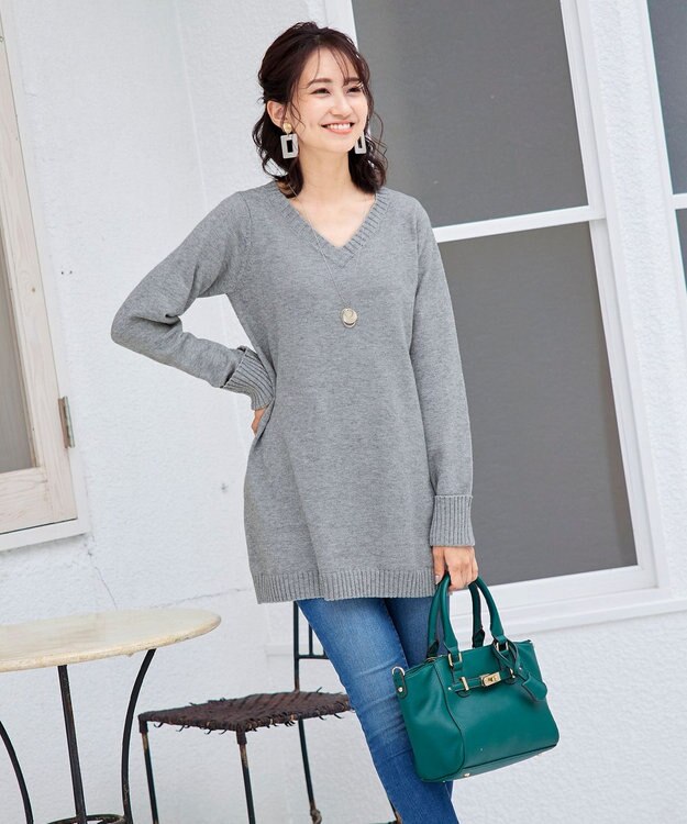 Tiaclasse L 【洗える】幅広く活躍が期待できるVネックリブニットチュニック グレー